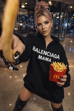 May be an image of french fries and text that says 'BALENCIAGA BALENCIAGA MAMA ጣዴ m'