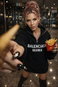 May be an image of one or more people, makeup, sweatshirt, french fries and text that says 'BALENCIAGA MAMA m'