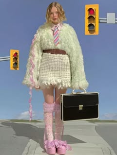 May be an image of miniskirt, turtleneck, briefcase, road and text