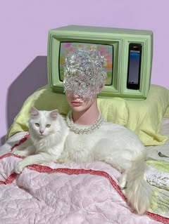 May be an image of kitten, television, headdress, tinfoil and text
