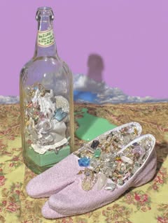 May be an image of espadrilles, slingback shoes, toecap shoes, bottle and text