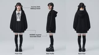 May be an image of duffle coat, overcoat, jacket, drawstring, cloak, parka and text that says 'Jirai-kei Jirai-kei2025 2025 MakeupDetail Makeup Detail r NOEMIE-inspired Ensemble EnsembleDetail Detaii Front FrontView View SideProfile Side Profile BackView Back View'