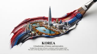 May be an image of poster and text that says 'KOREA A brushstroke of history and innovation. Sculpted from the heart Scoul, miniature world impasto relief. The colors of the flag bring life iconic landmarks and rhythms the e city,'
