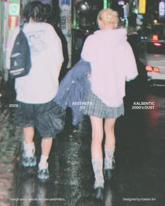 May be an image of one or more people, duffle coat, miniskirt, kilt, magazine, parka, street, night and text that says 'CI 2026 AESTHETIC /02 KALSENTIC 2000's 2000'sDUST DUST Design Designexperincestornewaesthei experiences fornew Designed by Kalsen DesignedbyKalsenlim lim'