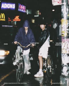 May be an image of one or more people, duffle coat, parka, face mask, street and text that says 'ADIONS M Sla 好印都存使 2026 AESTHETIC /02 KALSEN KAL SEN 2000'sDU Designexperiencesfornewaeste aesthetics. Design experiences for new Designed by Kalser Kalsenlim DesignedbyKalsenlim lim'
