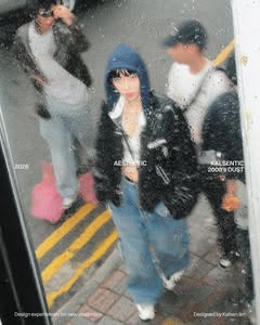 May be an image of one or more people, bangs, raincoat, parka, umbrella, street and text that says '2026 AESTHEFIC EFIC AESTH 次/020 /02 KALSENTIC 2000's 2000'sDUST DUST Designexperiencestrnevat for Design experiences Designed by Kalsen DesignedbyKalsenlim lim'