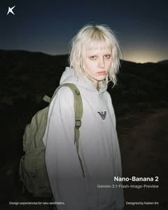 May be an image of ‎one or more people, makeup, poster, magazine, parka, turtleneck and ‎text that says '‎- ام Desi gn exporiencesf nexporiencesfornewasthetics. new Nano- Nano-Banana Banana 2 Gemini-3.1-Flash-Image-Preview -Flash Gemini- Designed DesignedbyKalsenlin by Kalsen lim‎'‎‎