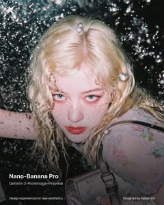 May be an image of one or more people, makeup, hair, poster, magazine and text that says 'Nano Nano-Banana Banana Pro Gemini-3-Pro-lmage-Preview Desig Des gn experiencesfornewacsthetics. experiencesf new DesignedbyKalsenlim Kalsen Designed by'