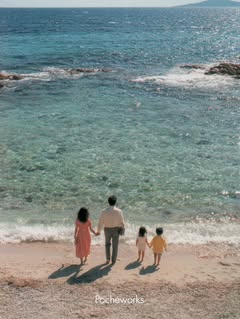 May be an image of child, ocean, beach, water, coast and text that says 'Pochéworks'