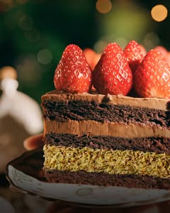 May be an image of strawberry, fudge, chocolate cake, fruitcake and text